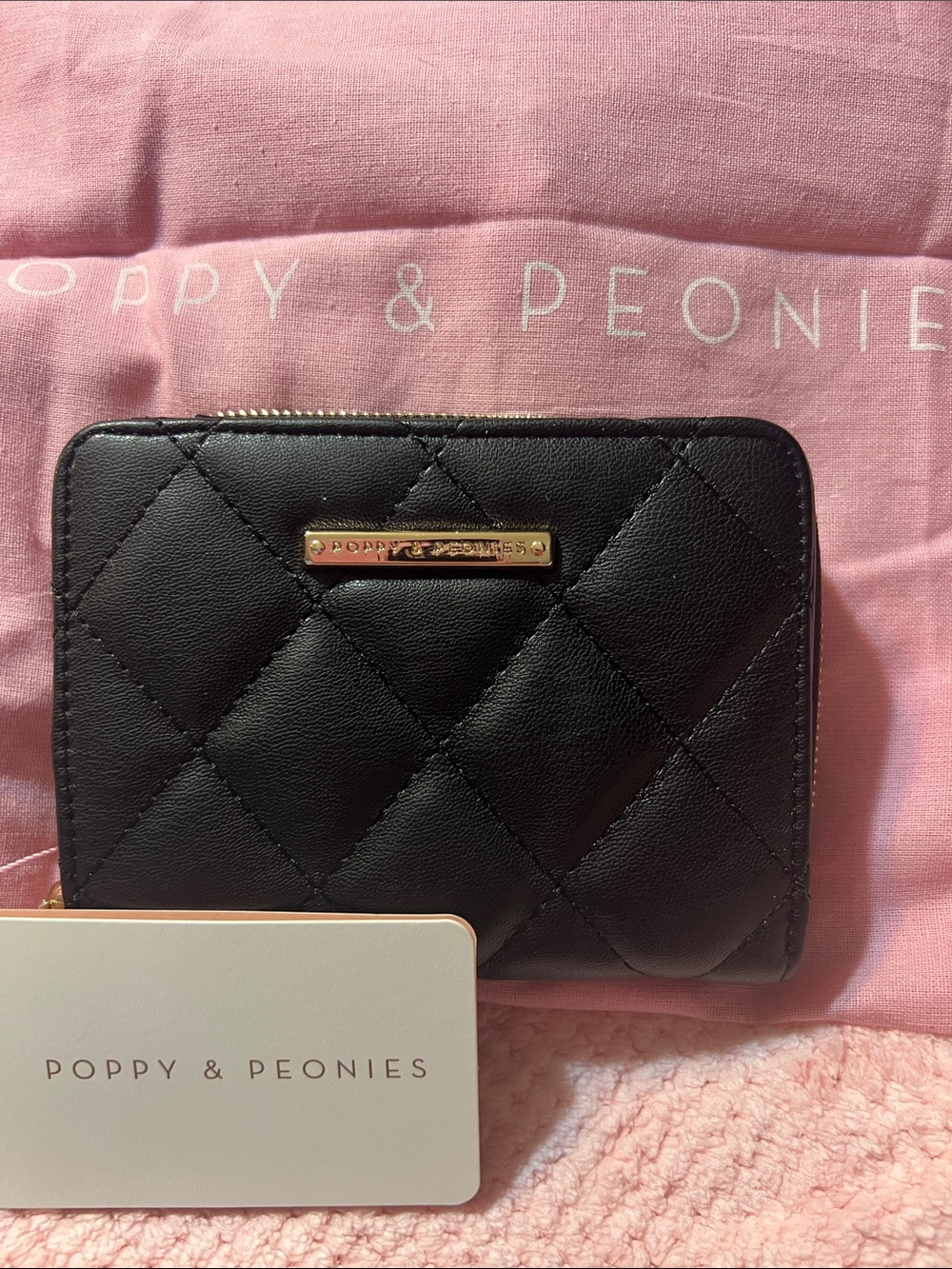 Poppy & Peonies Black Quilted Wallet with Gold Plaque